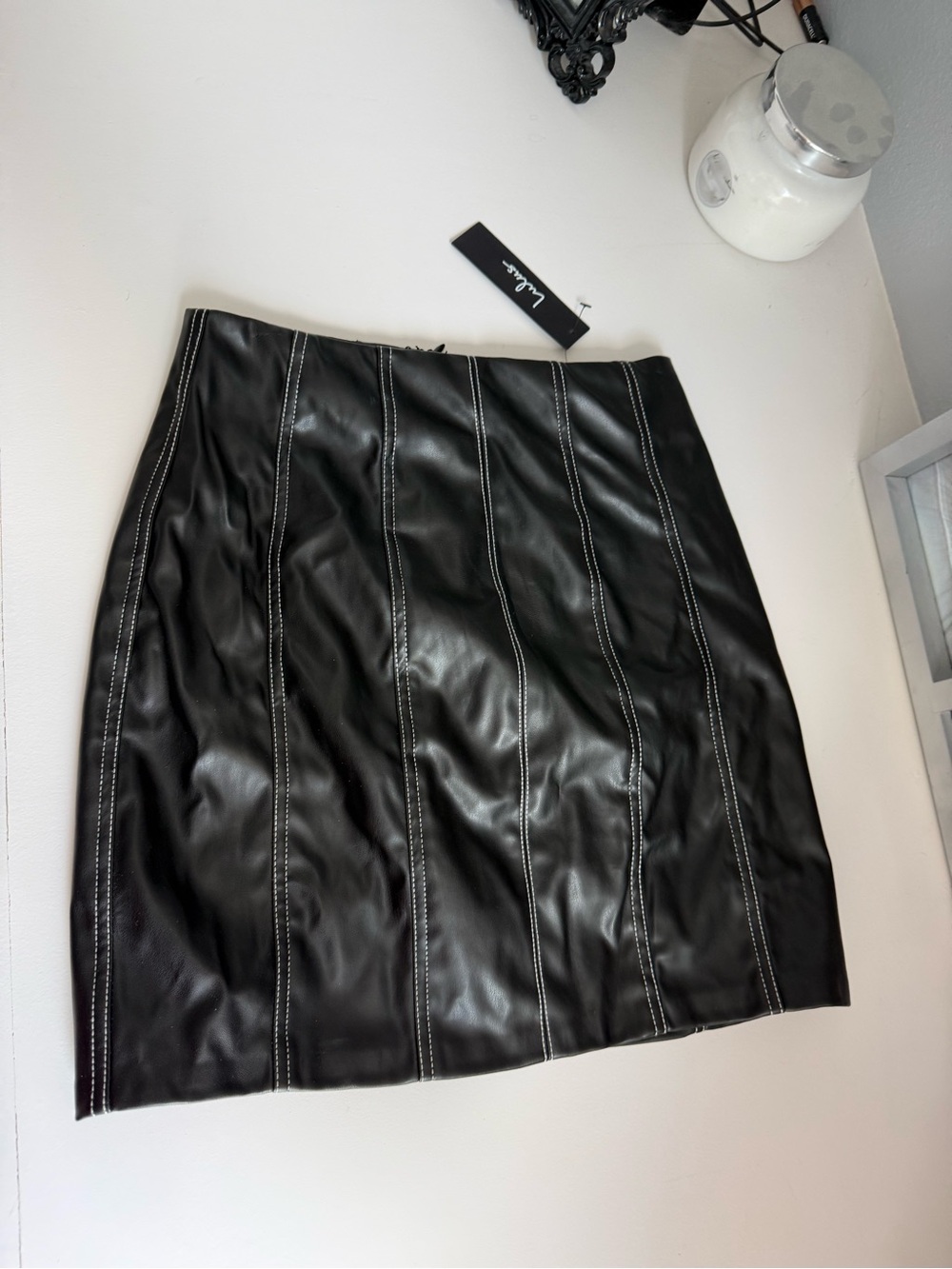 NWT Lulu's Black Faux Leather Mini Skirt with Contrast Stitching